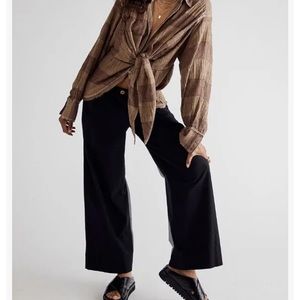 Free People Kiara Boho Brown Shirt Oversized Tie Front Hippie Grunge NWT Small